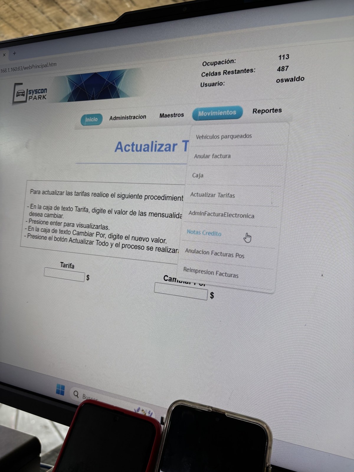 Pantalla actual con módulos administrativos en Parkcol